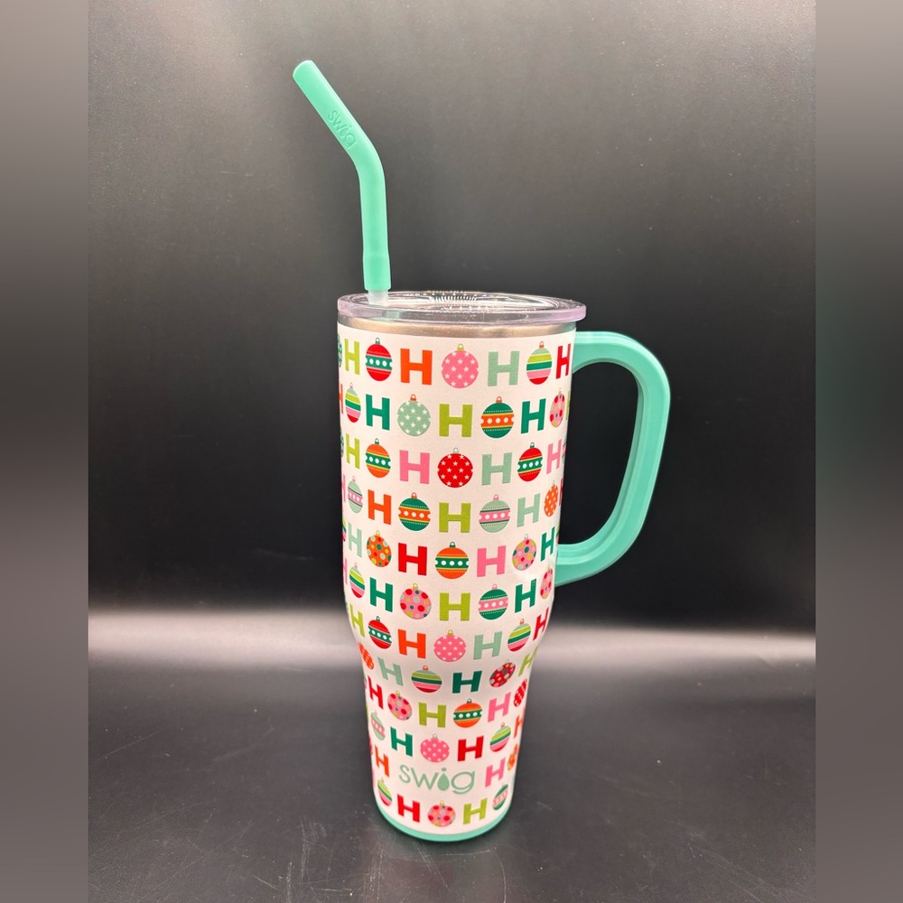 Swig Life HoHoHo Travel Mug with Straw Handle Ornaments Teal White Pink‎ 32 oz